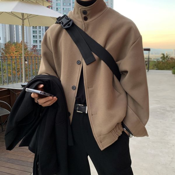 

men's wool blends winter thick woolen coat men warm fashion thicken short woolen coat men korean clothes loose woolen jacket mens overc, Black