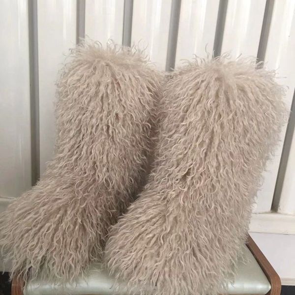 

boots fashion winter lamb skin long hair faux mongolian sheep fur cover 221203, Black