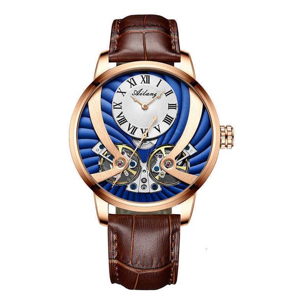 

watch wrist new swiss eland double tourbillon men's mechanical fully automatic hollow watch, Slivery;brown
