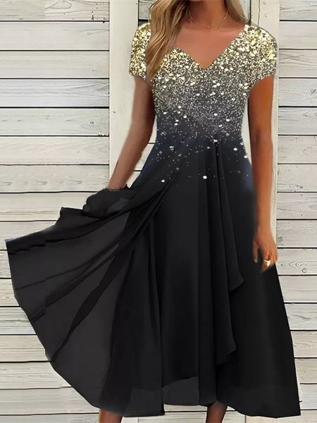 

party dresses women short sleeve color block print chiffon summer vneck midi pullover fashion casual high waist mesh swing 221203, White;black