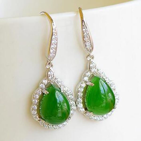

charming jewelry women green jade waterdrop 925 sterling silver earrings, White