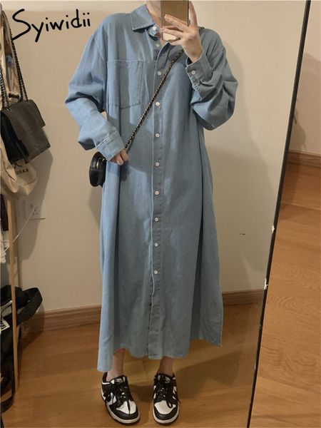 

party dresses syiwidii denim women turndown collar single breasted pockets a line casual long sleeves korean fashion harajuku 221203, White;black