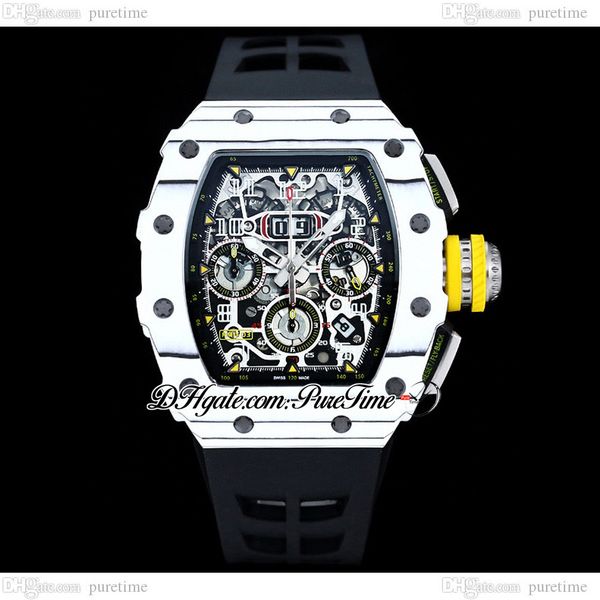 

zyf 11-fm a7750 automatic chronograph mens watch white carbon fiber case big date skeleton dial yellow crown black rubber strap watches supe, Slivery;brown