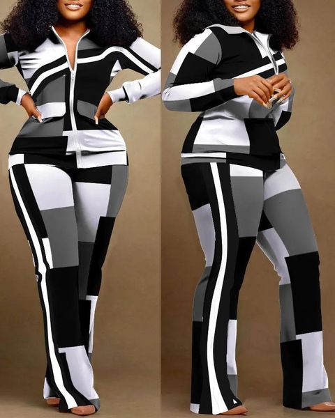 

women's two piece pants fallwinter fashion printing two-piece leisure sports style patchwork jacket trousers set 221205, White