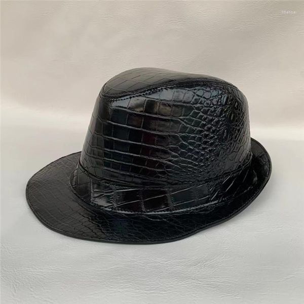 

berets authentic crocodile skin bowler hat for gentlemen genuine alligator leather party formal fedoras magician male round cap, Blue;gray