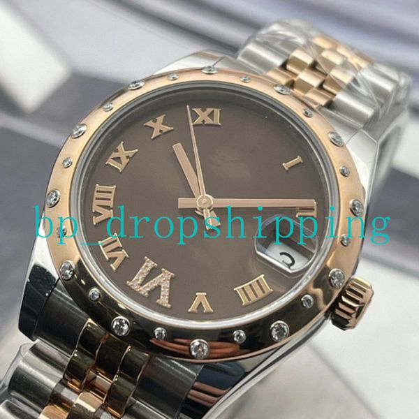 

grade ladies watch 178341 mechanical 31mm 6 digits diamond automatic movement stainless steel strap date sapphire glass classic wristwatch, Slivery;brown