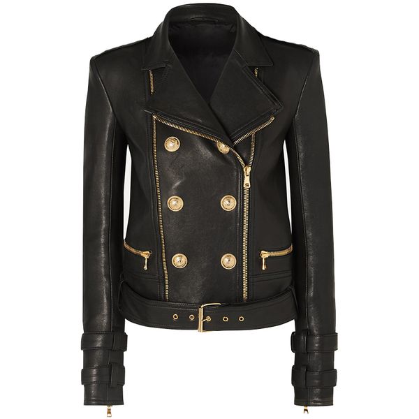 

women's leather faux est designer jacket lion buttons motorcycle biker 221205, Black