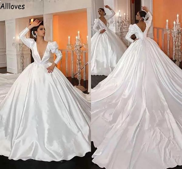 

plunging v neck ball gown wedding dresses with long sleeves gorgeous satin saudi arabia dubai bridal gowns chapel train modern formal church, White