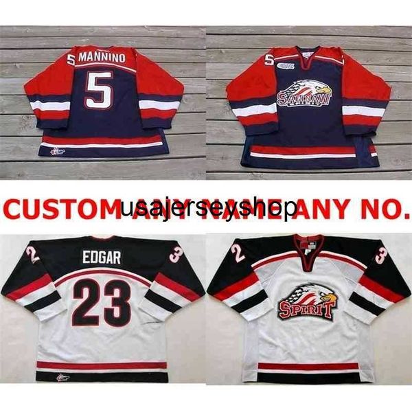 

hockey jersey dh personalized ohl saginaw spirit 5 mannino 23 edgar mens womens kids stitched ice custom any name no.goa, Black