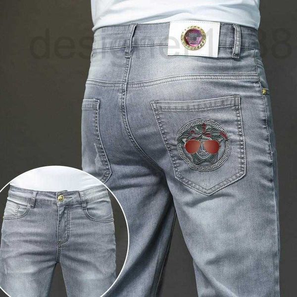 

men's jeans designer 2022 spring grey men's jeans korean leggings slim fit medusa embroidered long pants 5eaz, Blue