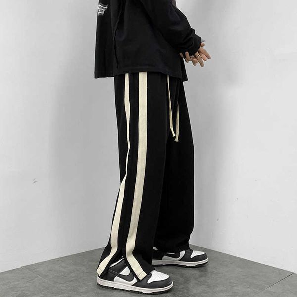 

men's pants privathinker korean side striped men loose sweatpants streetwear slit man wide leg trousers 2022 male oversized cargo pants, Black