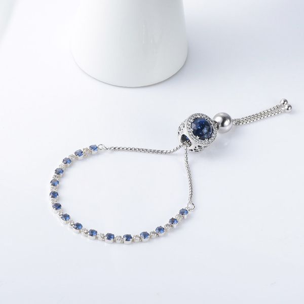 

925 sterling silver blue sparkling strand adjusted bracelet with blue shinning crystals radiant heart charm for women fits pandora, Golden;silver