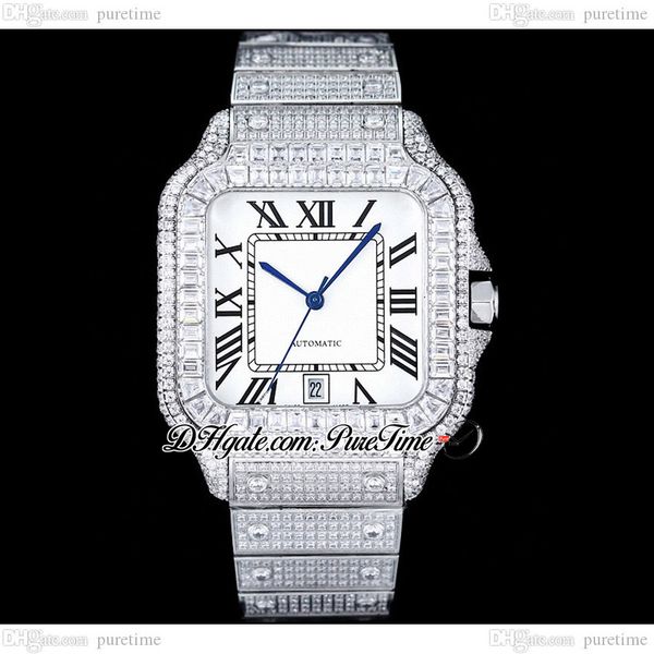 

zyf m8215 paved diamonds automatic mens watch xl 40mm miyota white dial black roman fully iced out rectangle diamond case and bracelet super, Slivery;brown