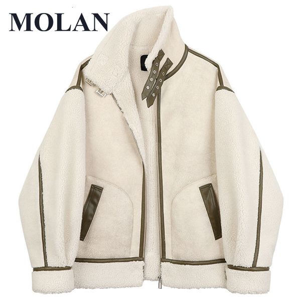 

women's jackets molan warm loose woman coat lambs wool leather patchwork streetwear tutleneck zipper korean fashion jacket female outwe, Black;brown
