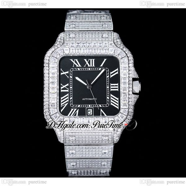 

zyf m8215 paved diamonds automatic mens watch xl 40mm miyota black dial white roman fully iced out rectangle diamond case and bracelet super, Slivery;brown
