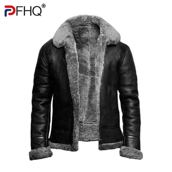 

men's fur faux pfhq autumn winter jacket shearling coat stylish leather causal elegant wool liner pu clothes 221206, Black