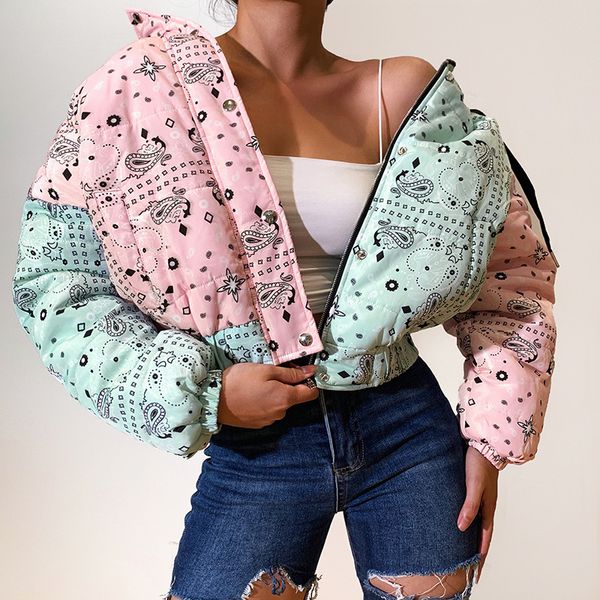 

women s down parkas y2k fashion winter paisley print coat long sleeve hooded cotton padded jackets vintage color block outwear 221205, Black