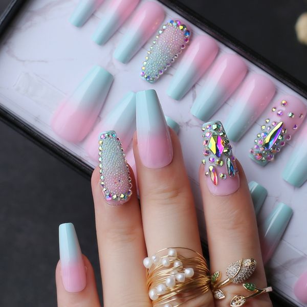 

nail practice display 24pcs box gift ombre blue pink false nails crystal design luxurious fake nails bead design caviar shaped drill 221206