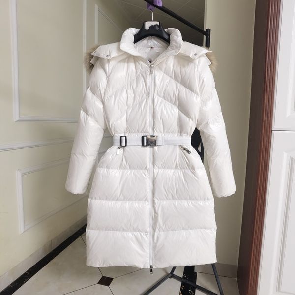 

women's down parkas ladies bright fur collar winter vshaped waist show thin mediumlength white down jacket 221205, Black