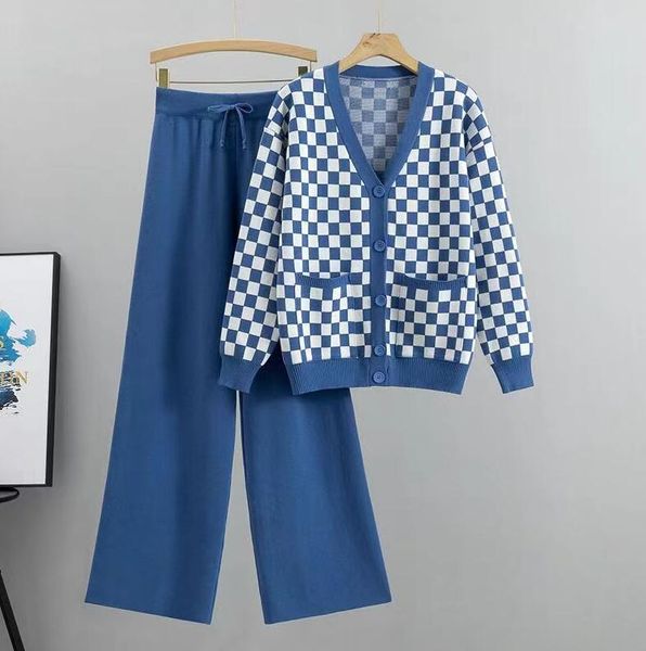 

women's tracksuits knitting 2-pieces sweater suit v-neck single-breasted cardigan pants lady sweater set 2pcs tracksuit, Gray