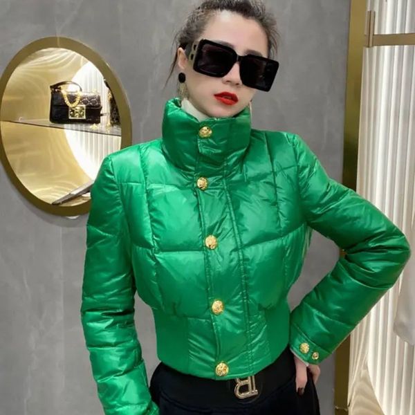 

women s down parkas winter shiny padded jacket stand up collar button temperament short coat 221205, Black