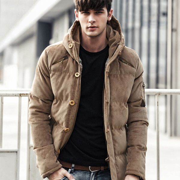 

men's down parkas trendy men's corduroy hooded solid color thickened cotton coat 221205, Black