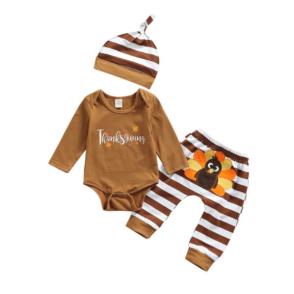 

clothing sets citgeett autumn thanksgiving day infant baby girls boys outfits long sleeve letter print romper turkey striped pants hat set 2, White