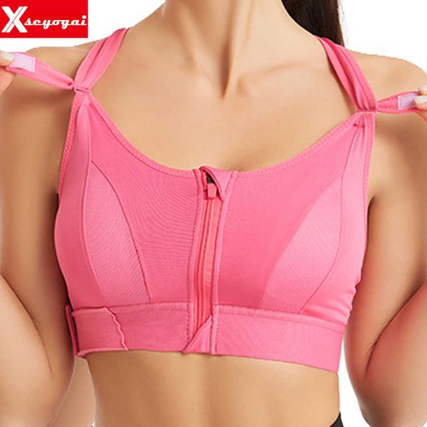 

women's sports bra gathered without steel ring adjustable belt front zipper yoga running vest shockproof underwear plus size, Red;black