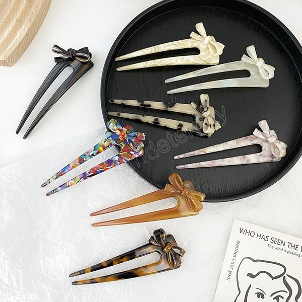 

fashionable retro bowknot hair sticks acetate hairpins u shaped hair pin tortoiseshell for woman girls, Golden;silver