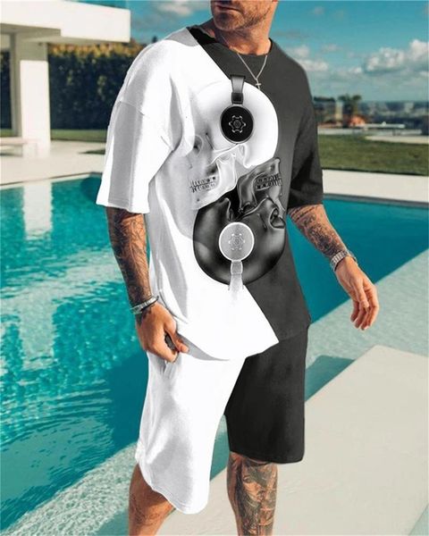 

men's tracksuits big size men set summer casual tracksuit skull black white matching shorts 2pcs suit graffiti 3d print outfits sports, Gray