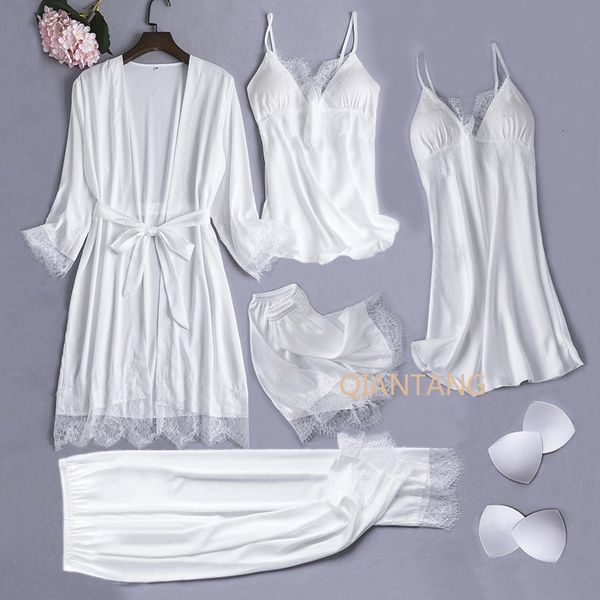 

womens sleepwear white silk pajamas set women 5pcs bride wedding robe nightgown lace chemise kimono bathrobe gown lingerie 221206, Black;red