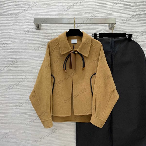 

womens jackets double-sided wool fabric bat sleeve lapel cape jacket leather edge horn buckle design short coats fashion designer women appa, Black;brown