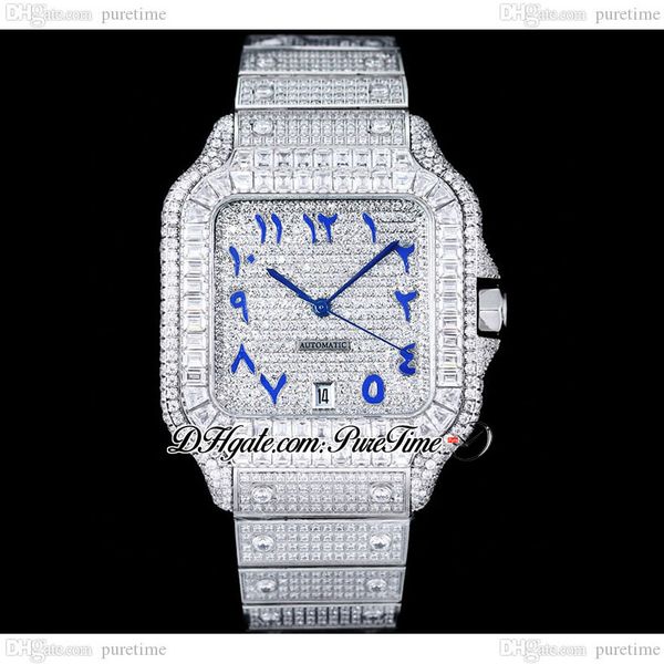 

zyf m8215 paved diamonds automatic mens watch xl 40mm miyota fully iced out rectangle diamond case and bracelet blue arabic script dail supe, Slivery;brown