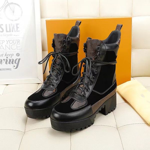 

new fashion boots luxury designer martin boots high heel cowhide lace up shoes printed letter thick sole round head splice outdoor anti slip, Black