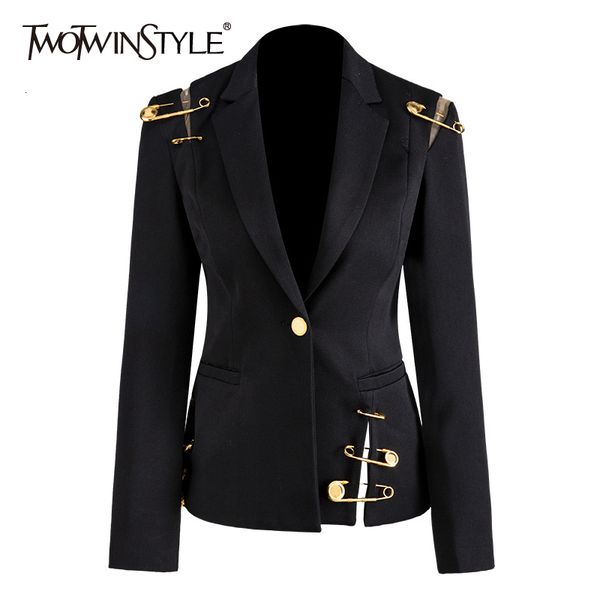 

women's suits blazers twotwinstyle loose fit black hollow out pin spliced jacket blazer lapel long sleeve women coat fashion autumn win, White;black