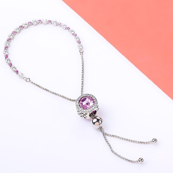 

925 sterling silver pink sparkling strand adjusted bracelet with pink shinning crystals radiant heart charm for women fits pandora, Golden;silver