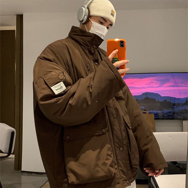 

men's down parkas winter jacket men warm fashion pocket thick down jacket men streetwear loose short coat mens parker clothes plus size, Black