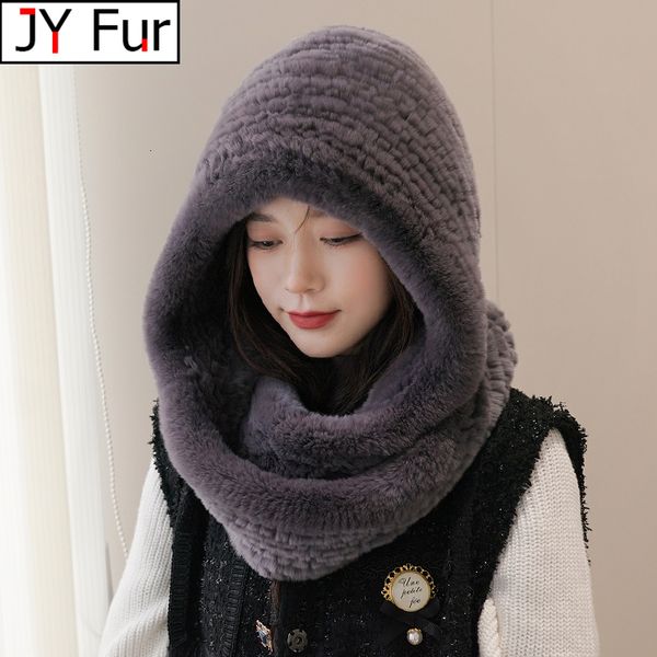 

beanie/skull caps women real knitted rex rabbit fur hat hooded scarf long winter warm with neck collar scarves 221205, Blue;gray