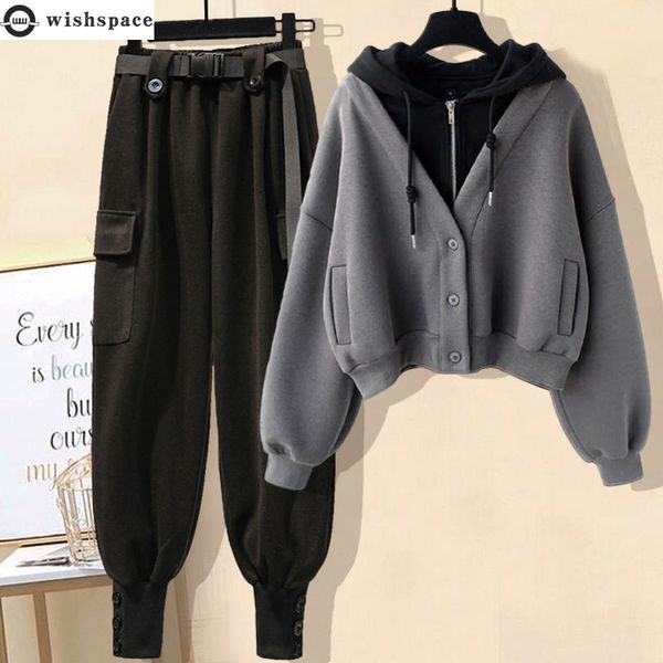 

women s two piece pants autumn and winter suit women korean fashion casual slim thickened hooded coat workwear set 221206, White