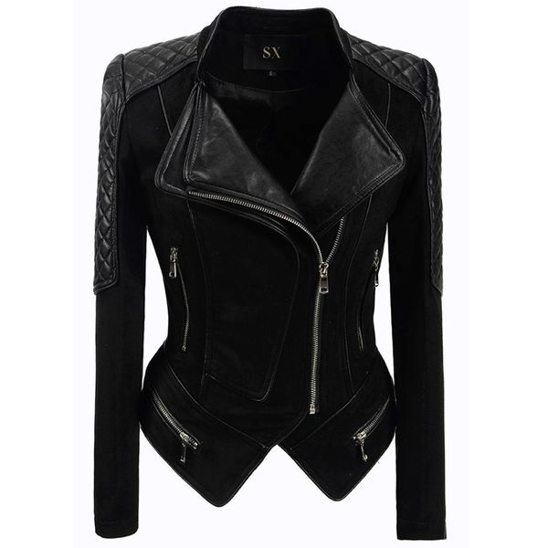 

women's leather faux sx women suede spliced lapel pu jackets lady autumn winter black zippers outerwear 221206