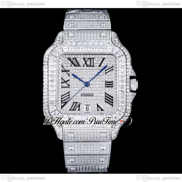 

zyf m8215 paved diamonds automatic mens watch xl 40mm miyota fully iced out rectangle diamond case and bracelet black roman dail super editi, Slivery;brown