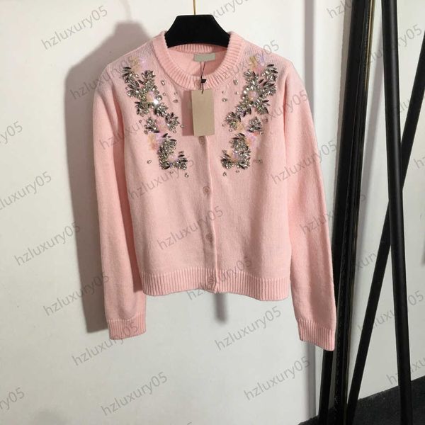 

womens sweater diamond encrusted nail bead floral decoration thread round collar knit sweaters button open long sleeves warm knitwear women, White;black