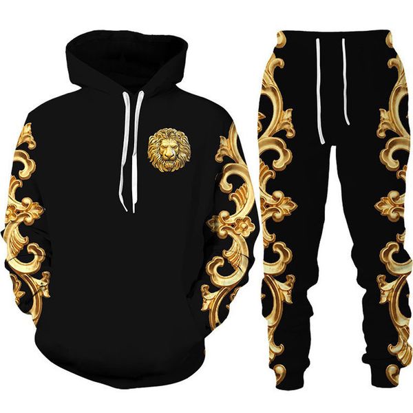 

men's tracksuits fashion golden lion pattern tracksuit hooded sportswear outfits hoodie/pants/suit spring autumn 3d printed two pieces, Gray