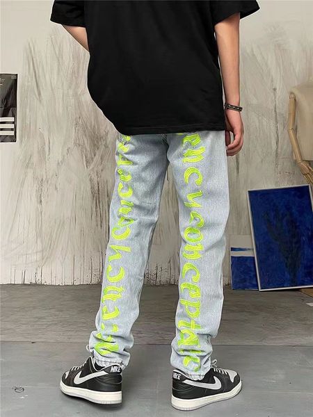 

men's jeans high street retro embroidery flare pants mens and womens oversize ripped washed straight loose casual denim trousersmen&#03, Blue