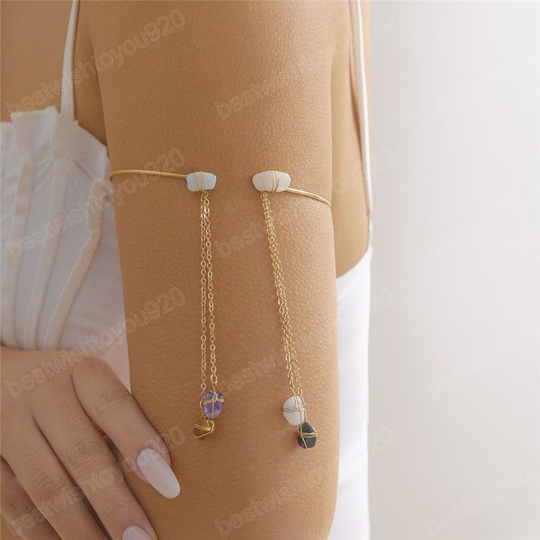 

bohemian natural stone upper armband cuff open bangles for women tassel long chain pendant arm body bracelet jewelry, Golden;silver