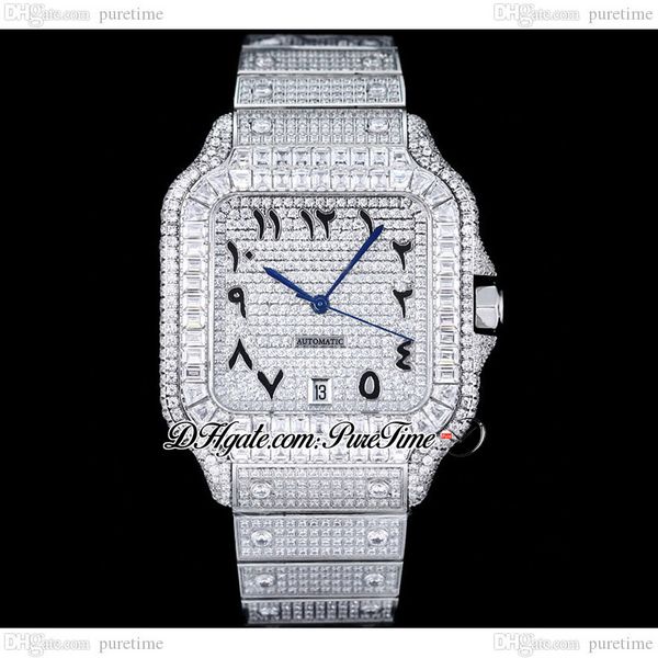 

zyf m8215 paved diamonds automatic mens watch xl 40mm miyota fully iced out rectangle diamond case and bracelet black arabic script dail sup, Slivery;brown