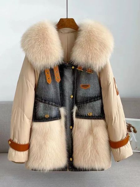 

women's down parkas denim stitching fur down jacket coat female young sailor collar midlength winter coat women jacket 221205, Black