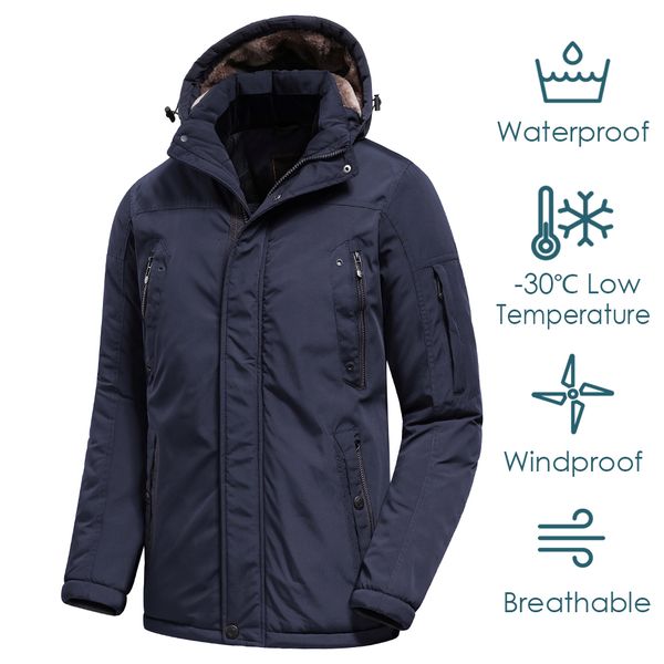 

men s down parkas winter casual long thick warm fleece hat waterproof jacket coat outwear outdoor fashion pockets parka male 221205, Black