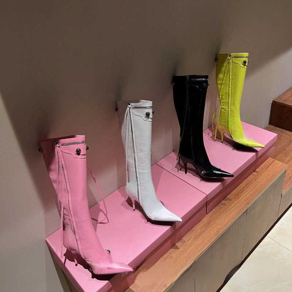 

brand boots 2022 designer design autumn winter new leather tassel pointed high heel side zipper high barrel thin leg boots, Black