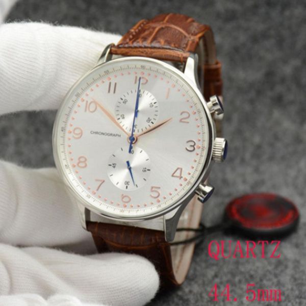 

haute qualite men's quartz battery watch luxury brand pilot white dial leather strap chronograph limited design gold case professional, Slivery;brown